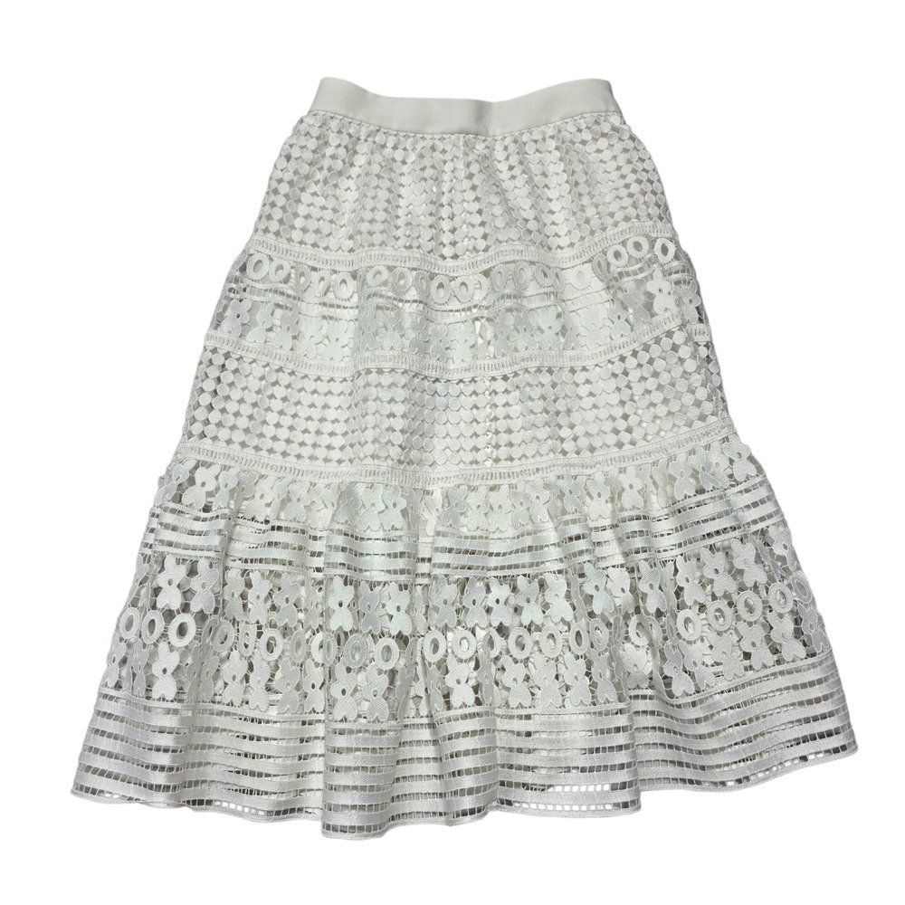 Diane von Furstenberg DVF Tiana Skirt White Lace Tiered Midi Full Zip Size 0
